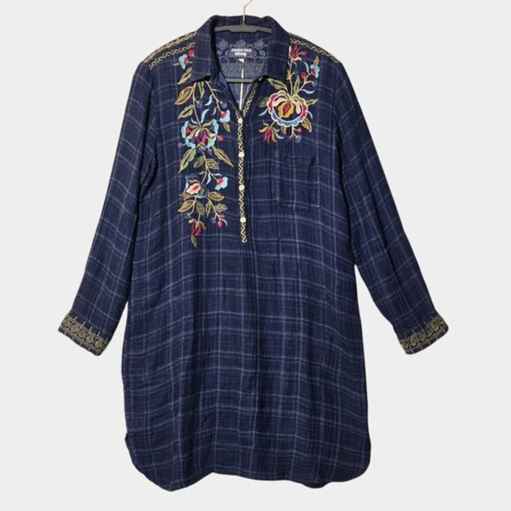 Johnny Was Workshop Esmerelda Embroidered Plaid Tunic M Floral Boho Western NWT